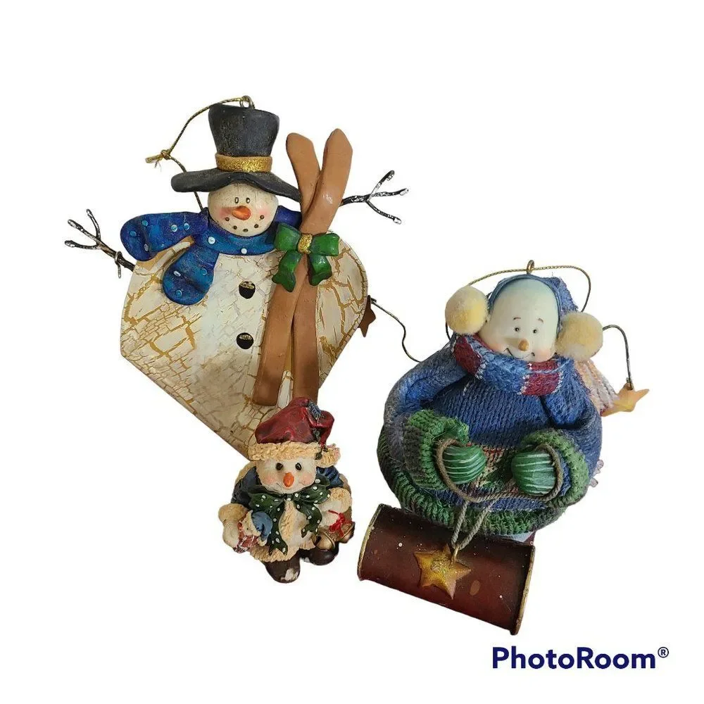 Vintage Christmas Holiday Winter Christmas Ornaments & Shelf Snowmen Set of 3